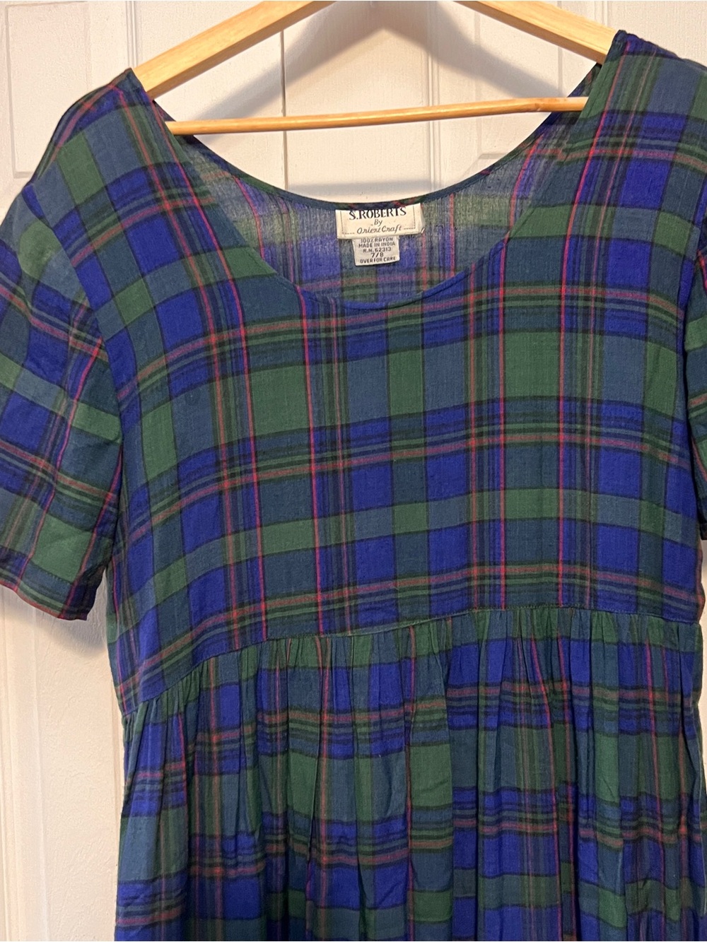 Vintage 90s S Roberts Tartan Plaid Rayon Prairie Maxi Dress 7/8